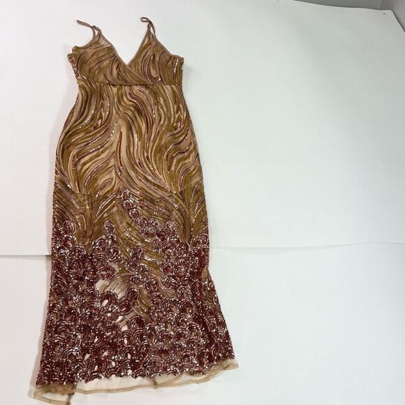 NWT Akira Maxi Dress Womens Large Tan Sequin Copper Spaghetti Strap Long - Picture 10 of 12